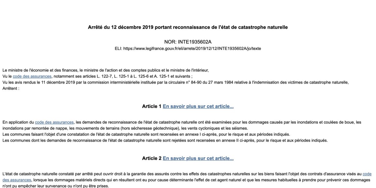 Arrêté de reconnaissance de catastrophe naturelle 2 et 3 novembre 2019