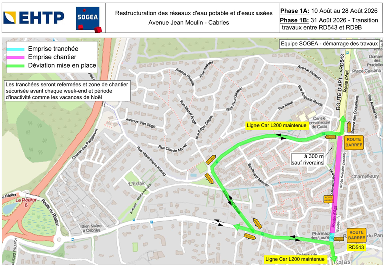Plan de déviation de la phase 1, du 10 au 31 août 2026 : route d'Apt (RD543) barrée sauf riverains, itinéraire de contournement par les voies communales, ligne de car L200 maintenue.
