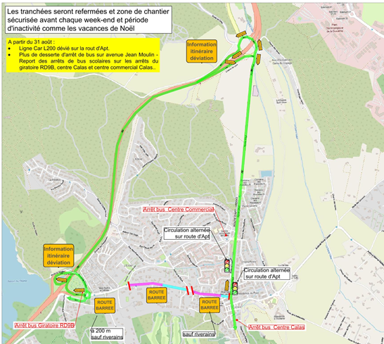 Plan de dĂ©viation de la phase 2, Ă partir du 1er septembre 2026 : avenue Jean Moulin barrĂ©e sauf riverains, ligne L200 dĂ©viĂ©e par la route d'Apt, circulation alternĂ©e route d'Apt, report des arrĂȘts de bus.