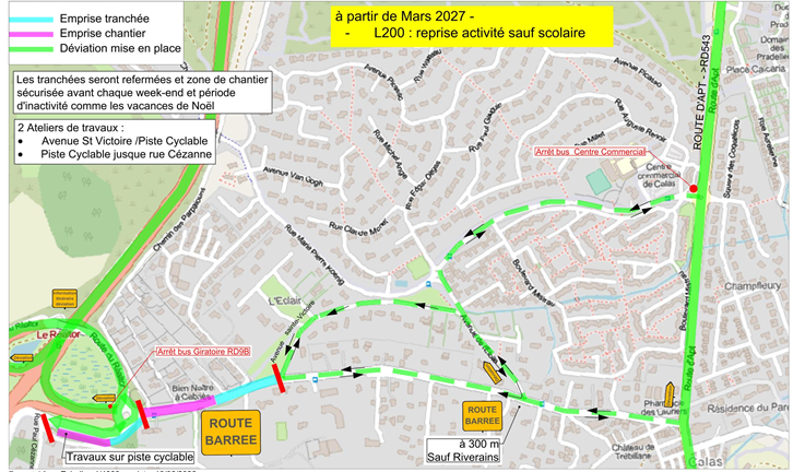 Plan de déviation de la phase 3, à partir de mars 2027 : travaux entre l'avenue Sainte-Victoire et la rue Paul Cézanne, itinéraires de contournement et reprise de la ligne L200 hors transport scolaire.