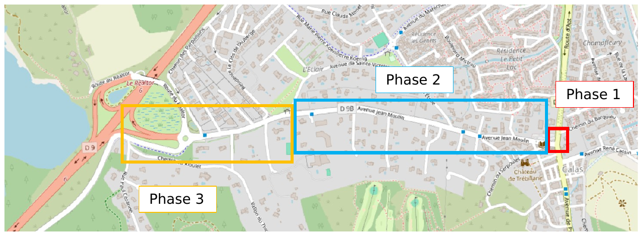 Plan général du phasage des travaux sur l'avenue Jean Moulin et la route d'Apt, localisant les emprises des phases 1, 2 et 3.